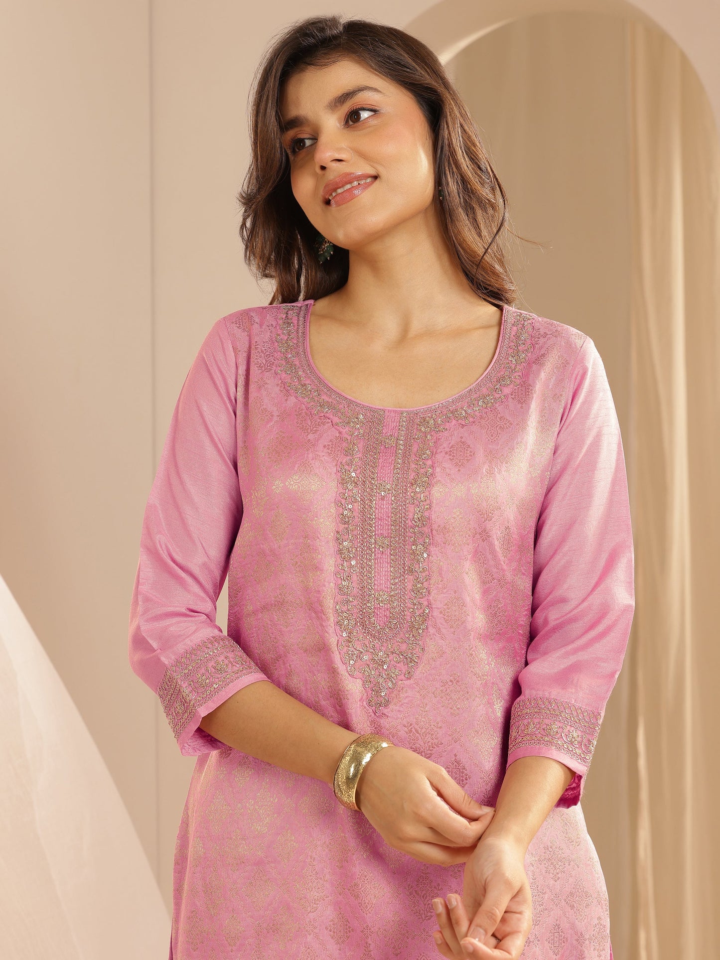 Pink Woven Design Silk Blend Straight Suit Set With Dupatta
