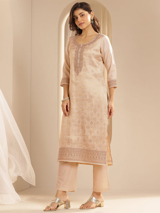 Taupe Woven Design Silk Blend Straight Suit Set With Dupatta