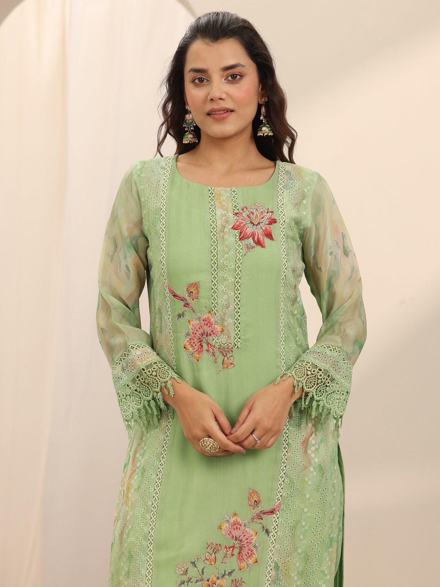 Green Printed Organza Straight Suit Set With Dupatta