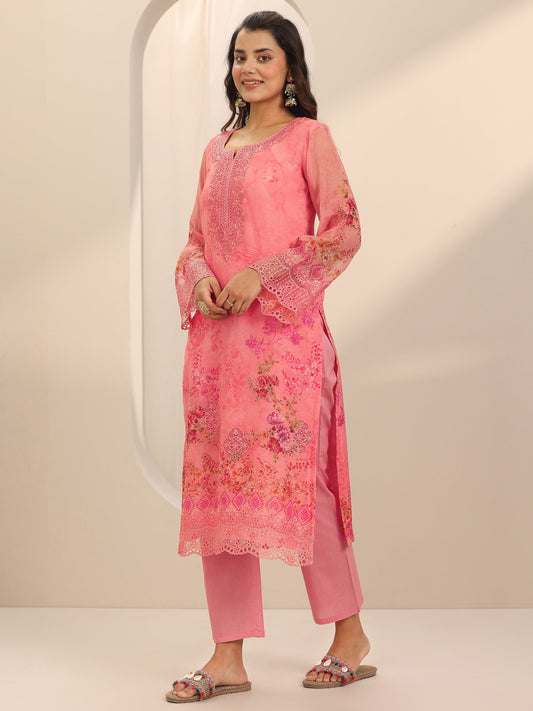 Coral Printed Organza Straight Suit Set With Dupatta
