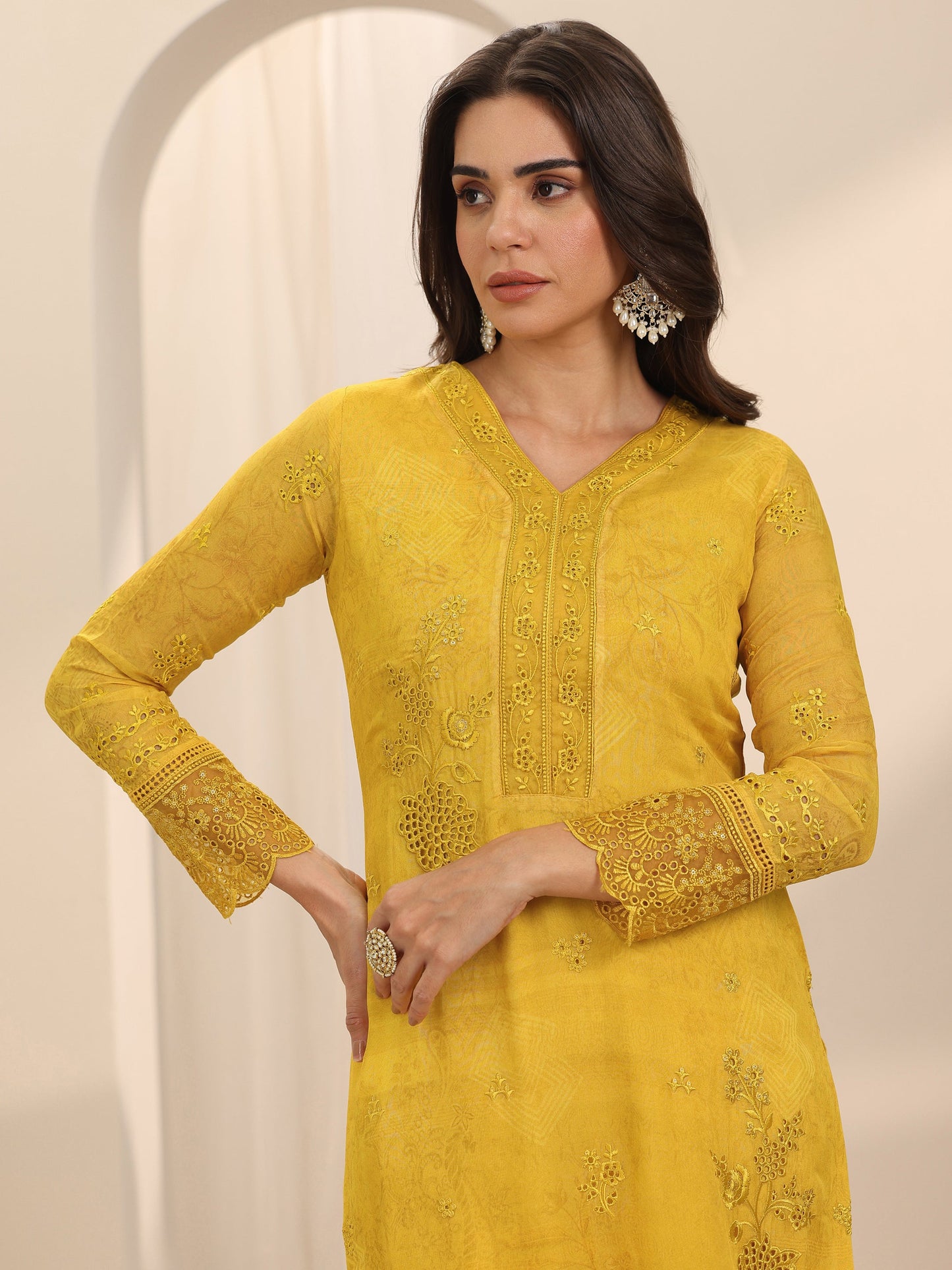 Mustard Embroidered Organza Straight Suit Set With Dupatta