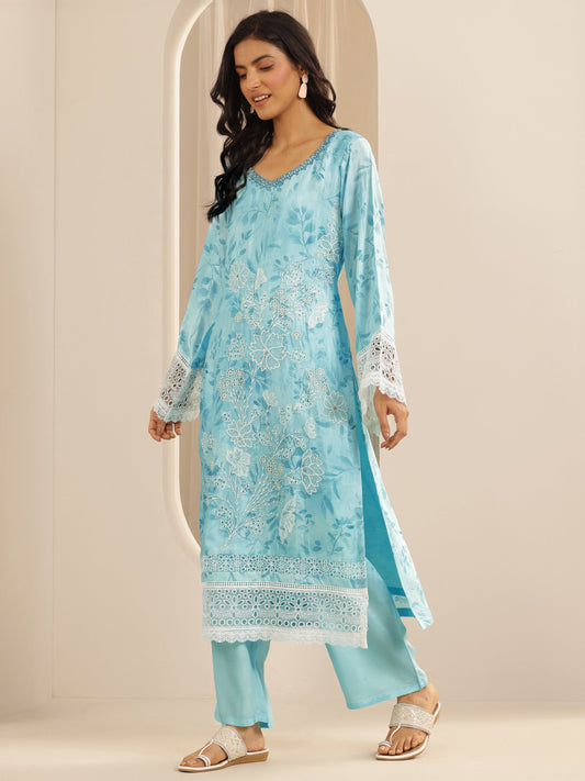 Libas Art Blue Embroidered Muslin Straight Suit Set With Dupatta