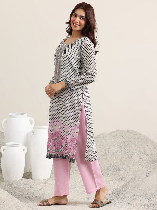 Off White Printed Linen Straight Suit Set With Dupatta