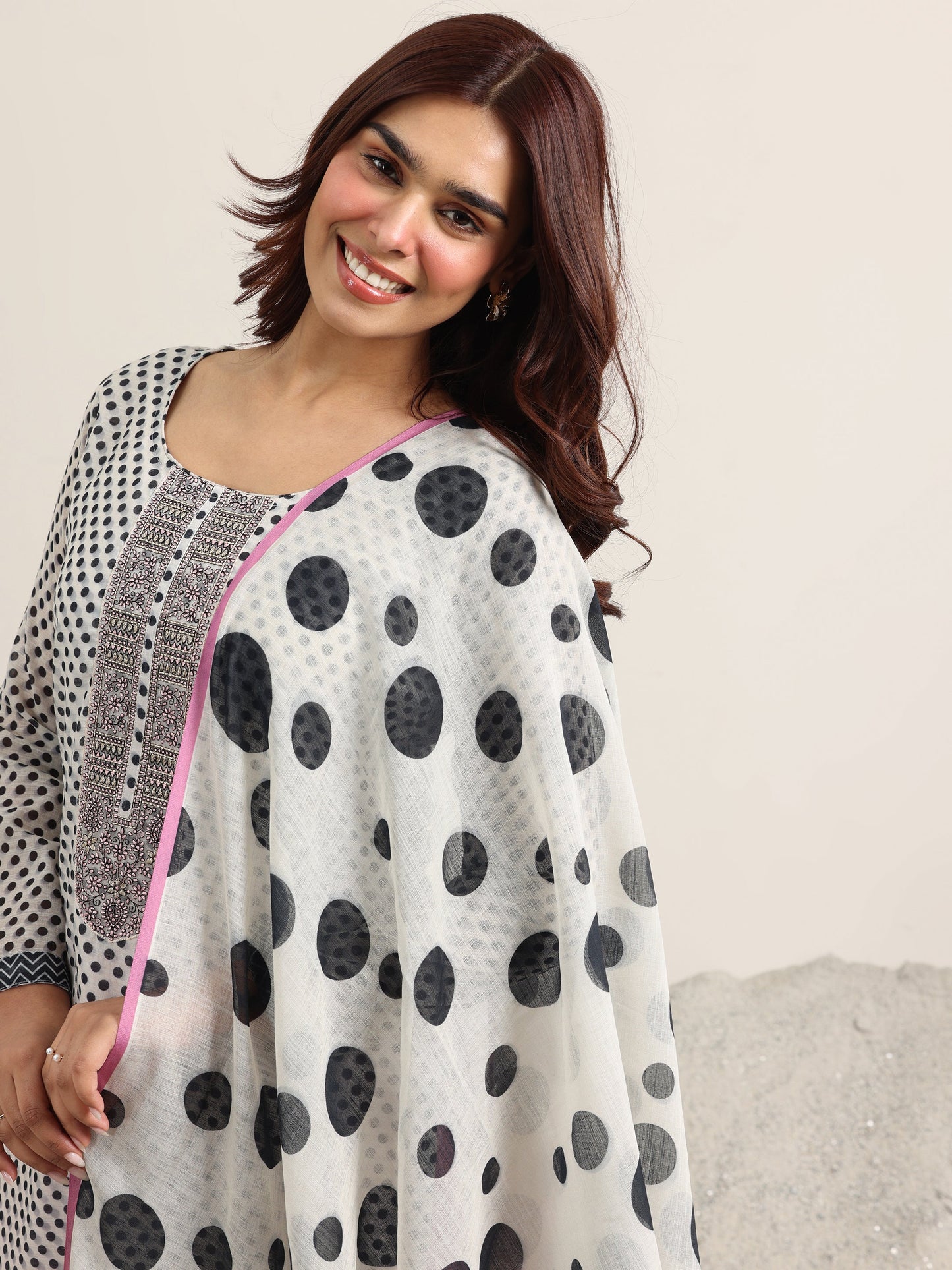Off White Printed Linen Straight Suit Set With Dupatta