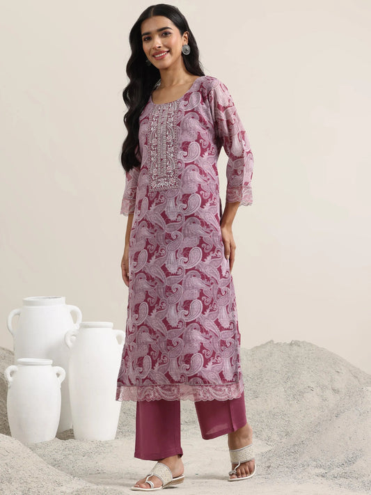 Pink Printed Linen Straight Suit With Dupatta