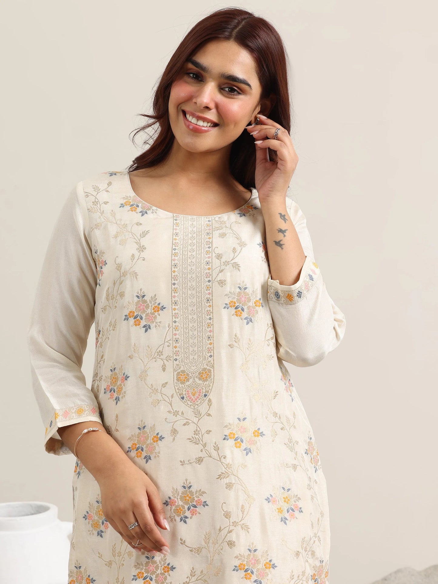 Beige Woven Design Silk Blend Straight Suit With Dupatta