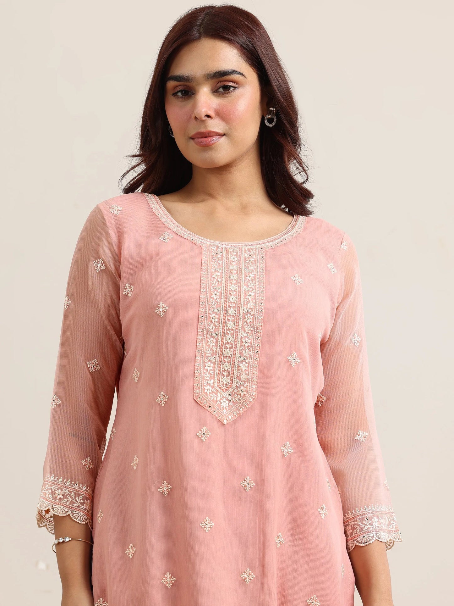 Peach Embroidered Poly Chiffon Straight Suit With Dupatta