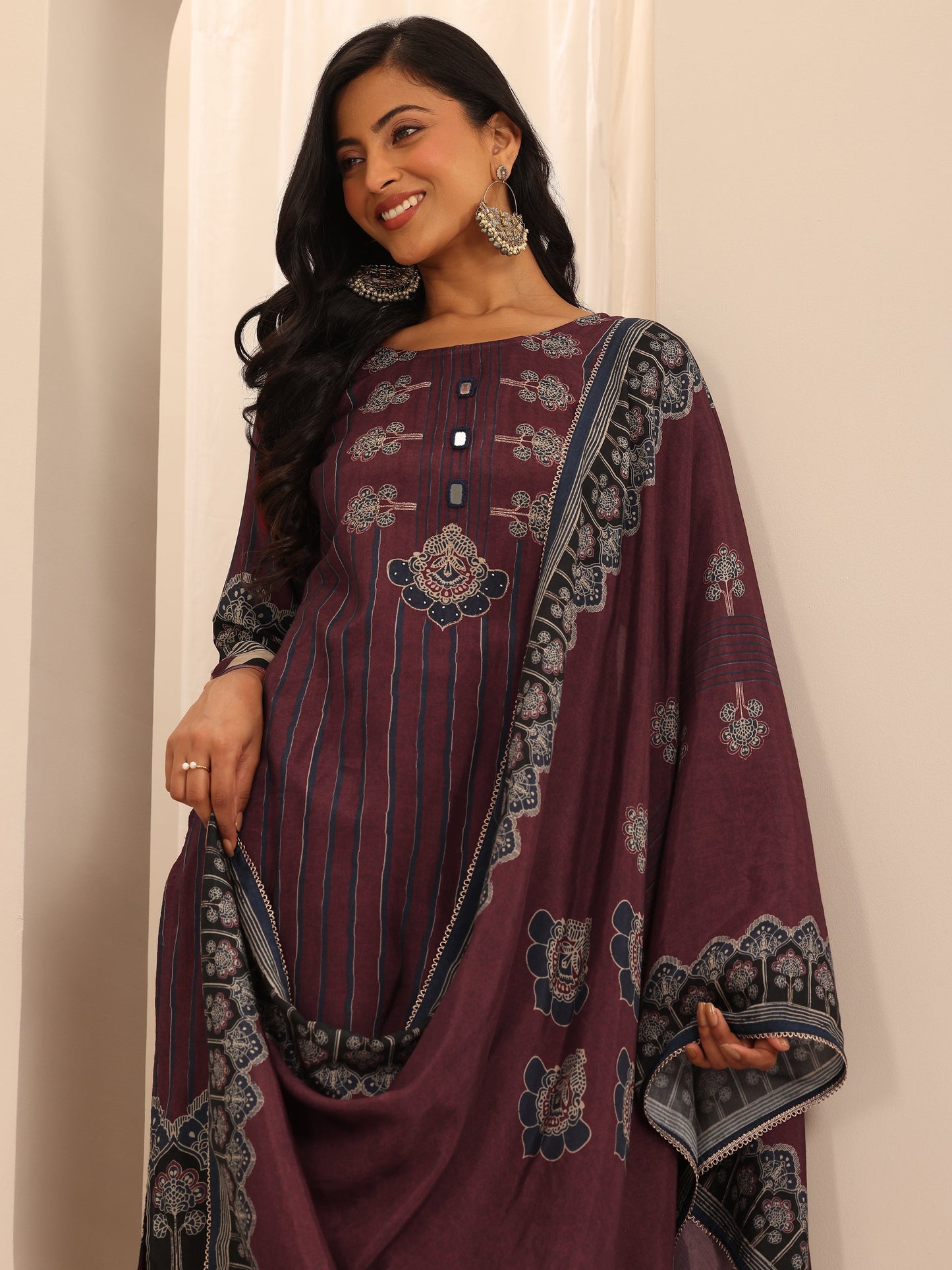 Maroon Printed Muslin Straight Suit Set With Dupatta