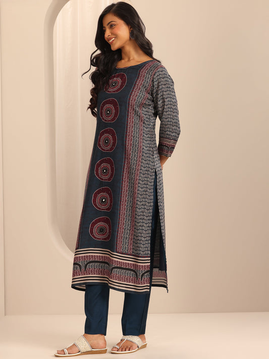 Navy Blue Printed Muslin Straight Suit Set With Dupatta