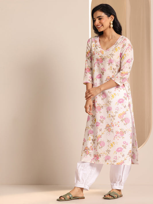 Off White Printed Cotton Straight Suit Sets With Dupatta