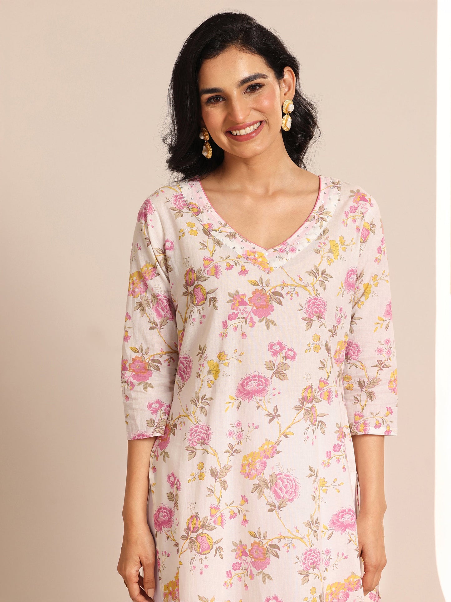 Off White Printed Cotton Straight Suit Sets With Dupatta