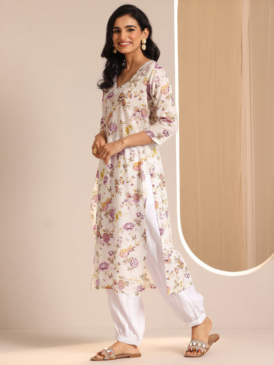 Off White Printed Cotton Straight Suit Sets With Dupatta
