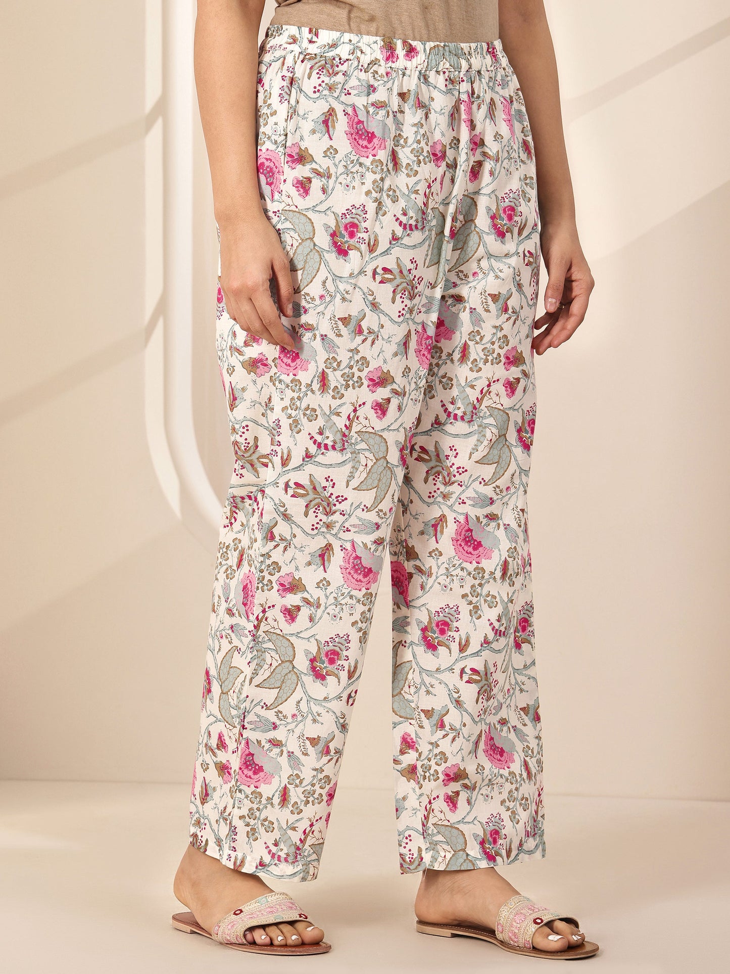 Off White Printed Cotton Straight Suit Sets With Dupatta