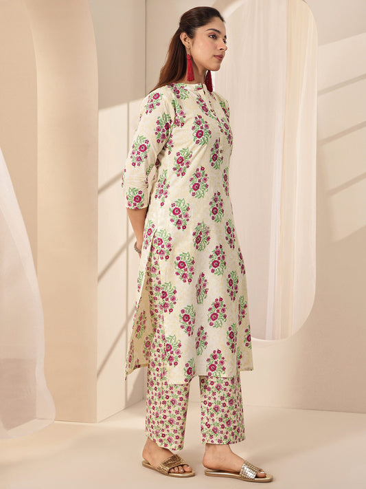 Off White Printed Cotton Straight Suit Sets With Dupatta