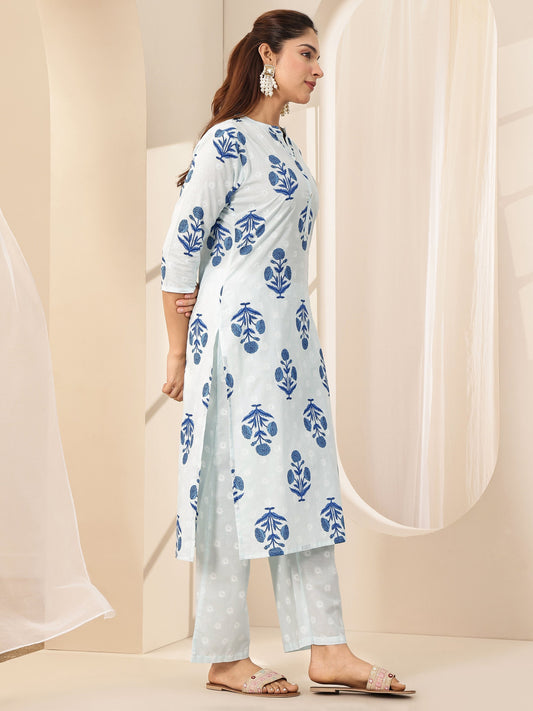 Blue Printed Cotton Straight Suit Sets With Dupatta