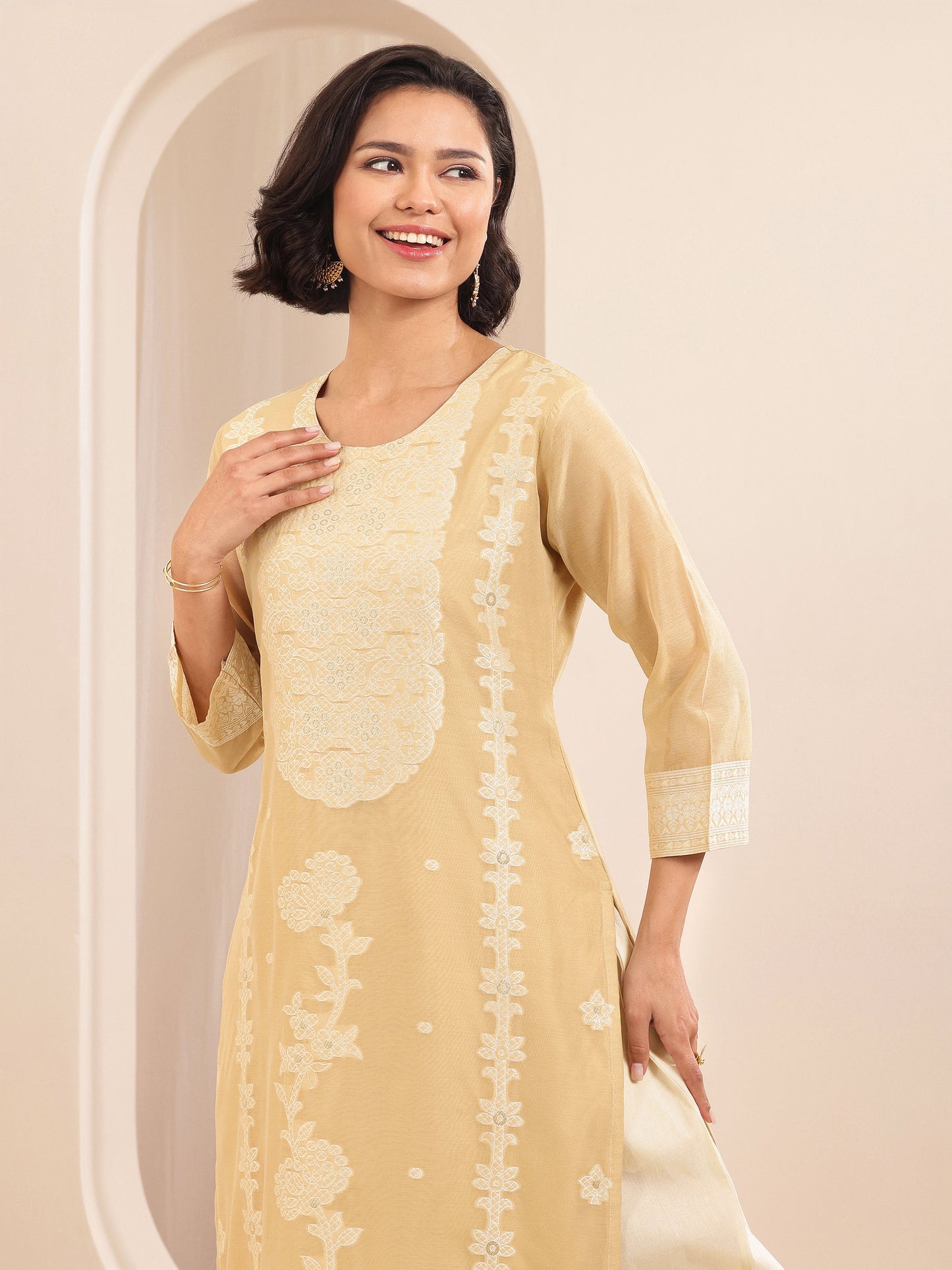 Beige Self Design Chanderi Silk Straight Suit Sets With Dupatta