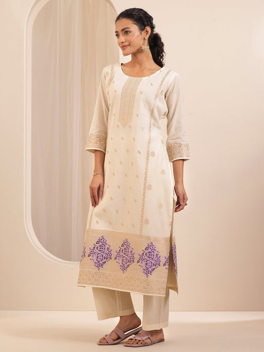 Off White Self Design Cotton Straight Suit Sets With Dupatta