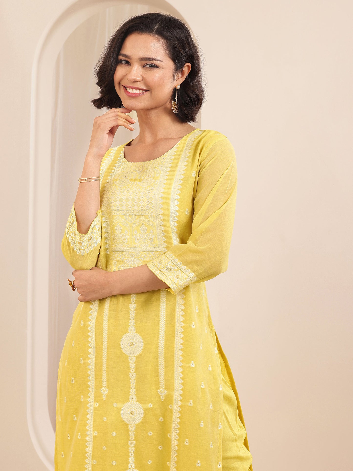 Yellow Self Design Chanderi Silk Straight Suit Sets With Dupatta