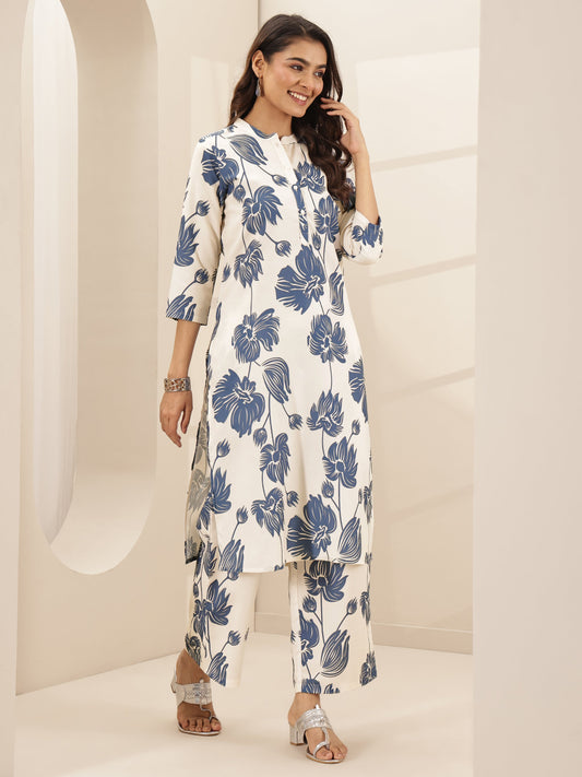 White Printed Cotton Blend Straight Kurta Set