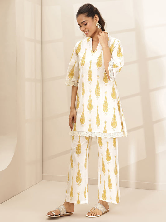 White Printed Cotton A-line Kurta Set