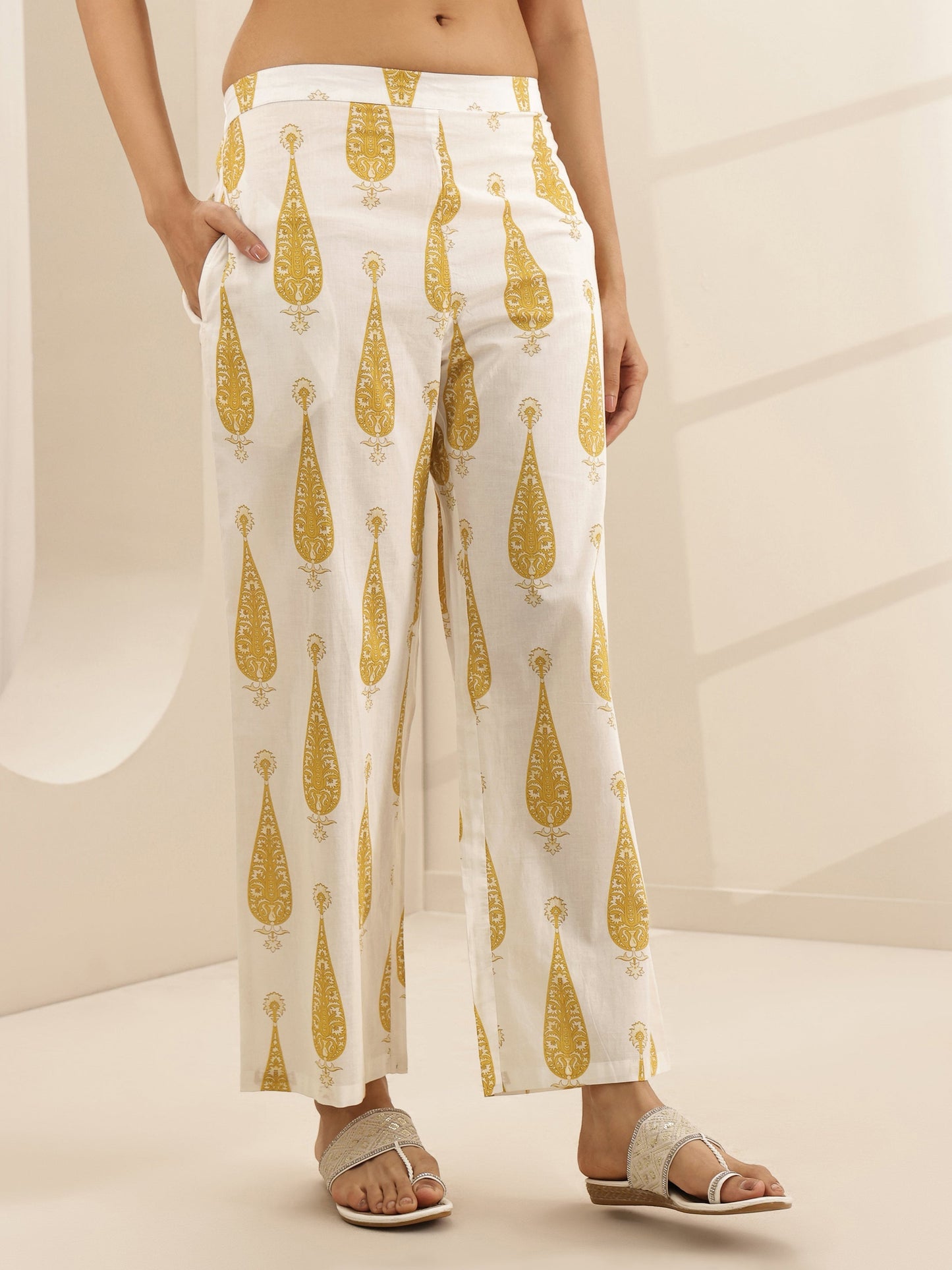 White Printed Cotton A-line Kurta Set