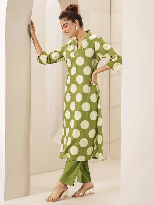 Green Printed Cotton Straight Kurta Set