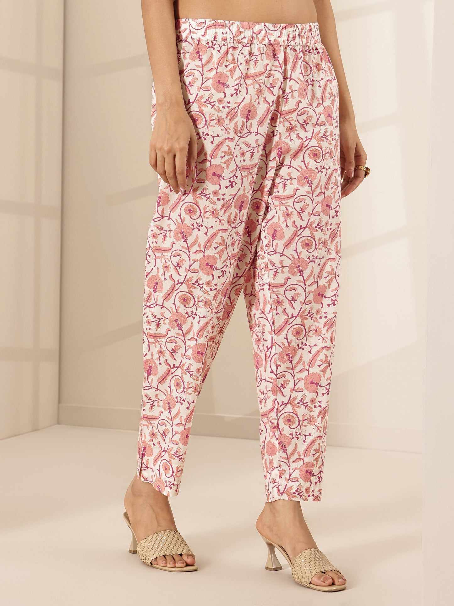 White Printed Cotton A-line Kurta Set