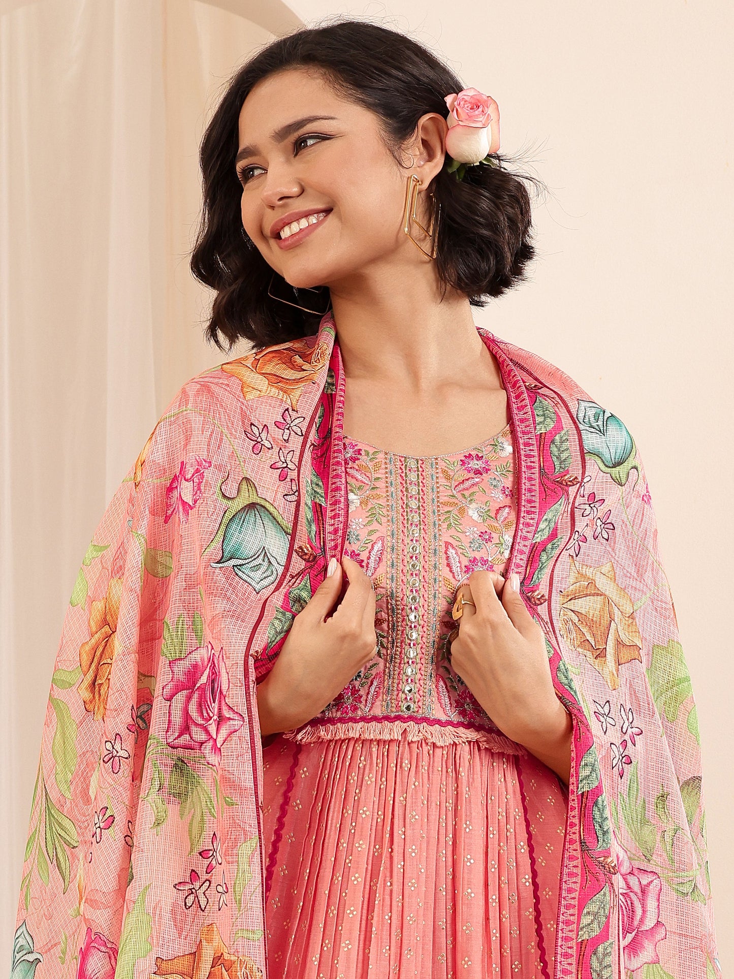 Peach Embroidered Chanderi Silk A-line Suit Sets With Dupatta