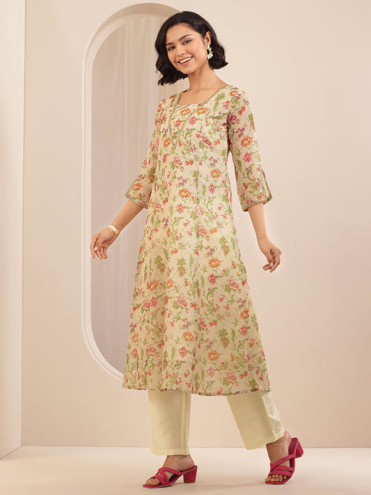 Beige Printed Silk Blend A-line Suit Sets With Dupatta