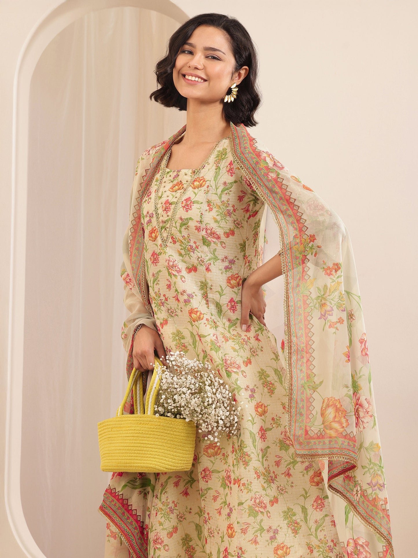 Beige Printed Silk Blend A-line Suit Sets With Dupatta