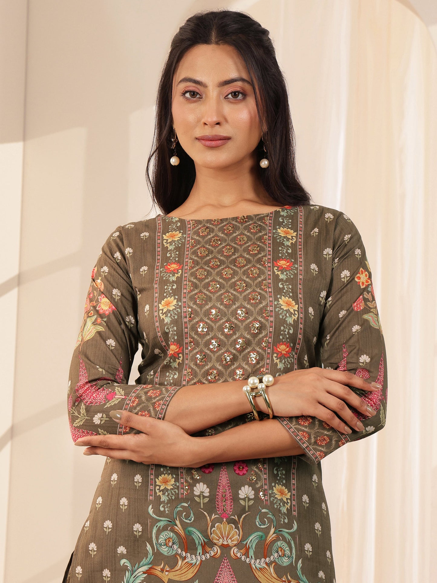 Brown Printed Cotton Straight Suit Sets With Dupatta