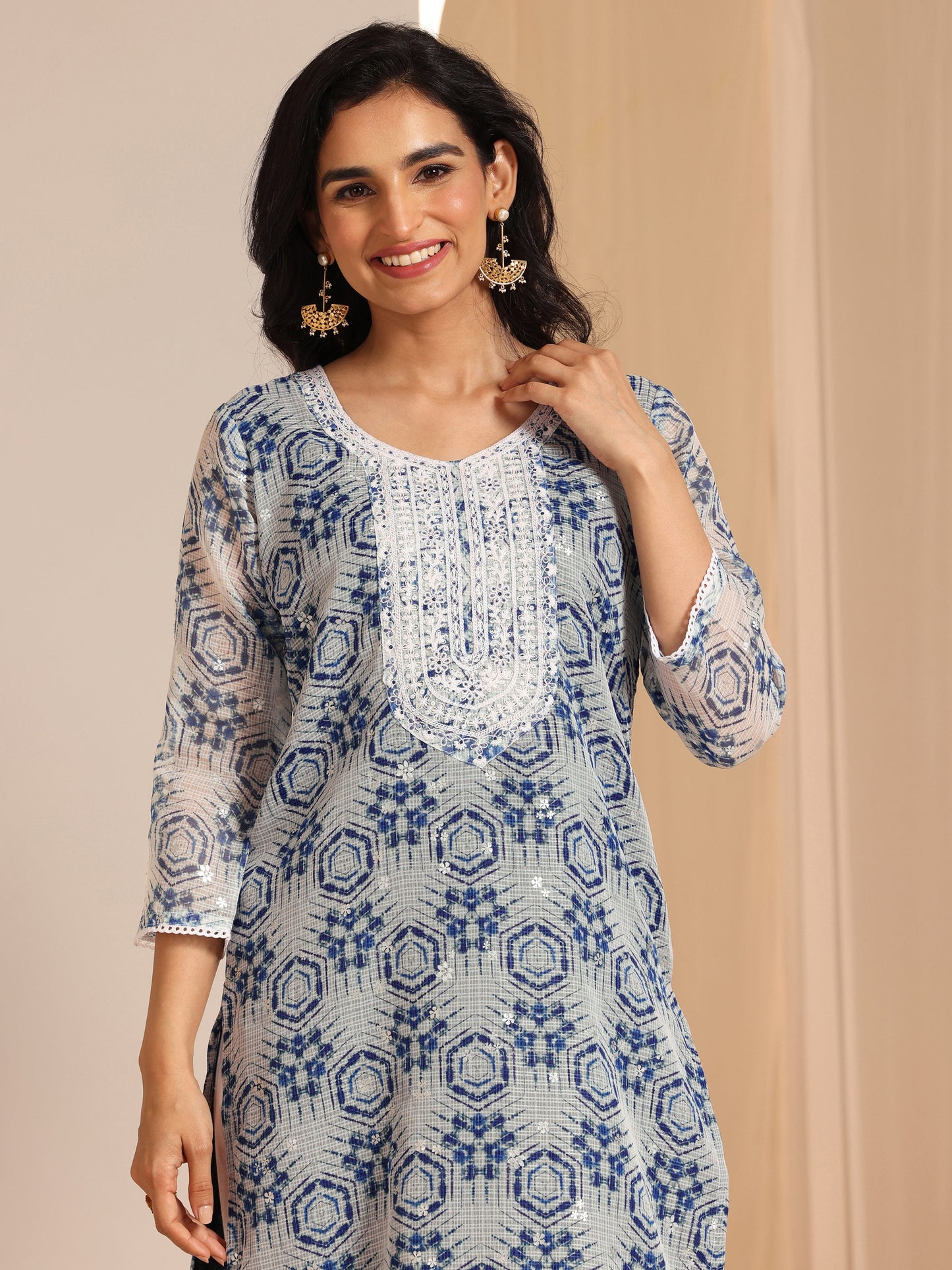 Indigo Printed Silk Blend Straight Suit Sets With Dupatta