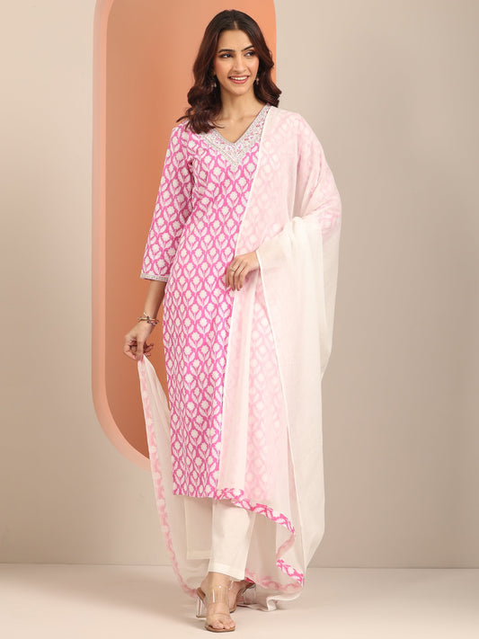 Pink Yoke Design Cotton Straight Suit Set With Dupatta