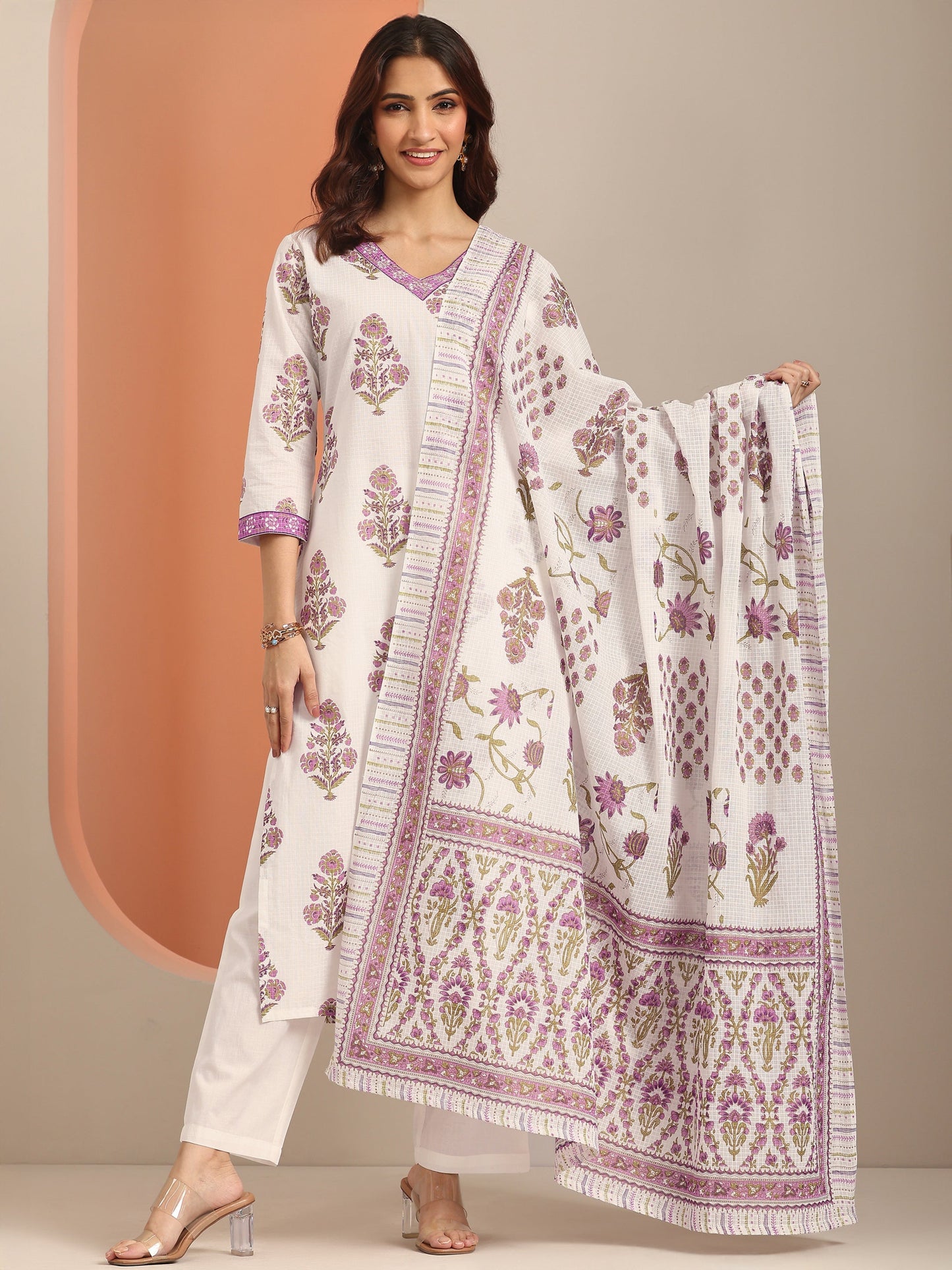 White Yoke Design Cotton Straight Suit Set With Dupatta