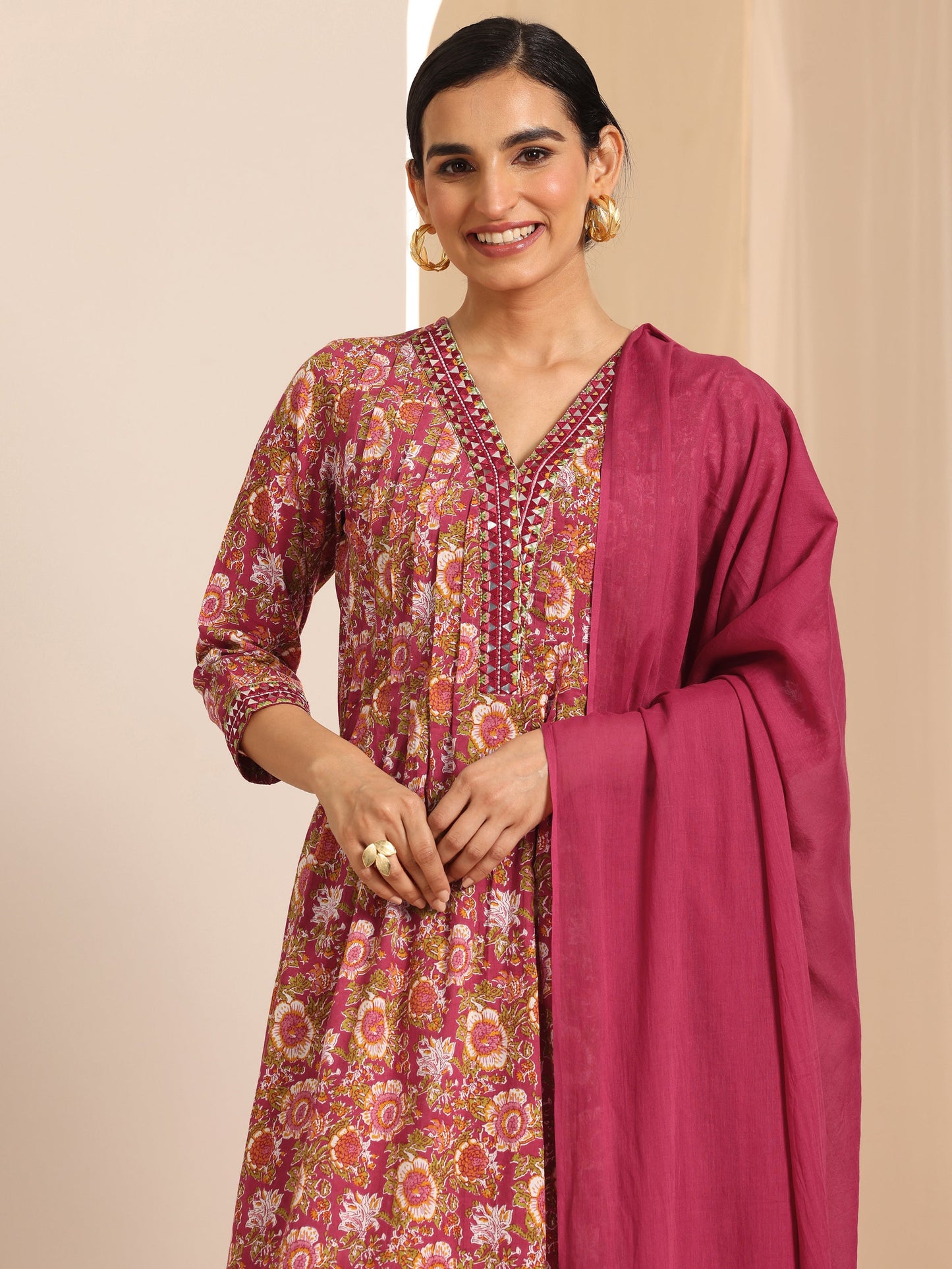 Red Printed Cotton A-Line Suit Set With Dupatta