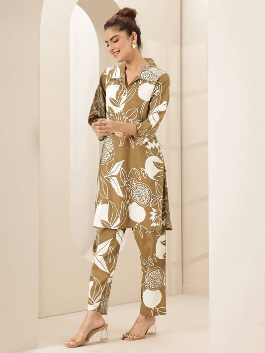 Brown Printed Cotton Blend Co-Ord Sets