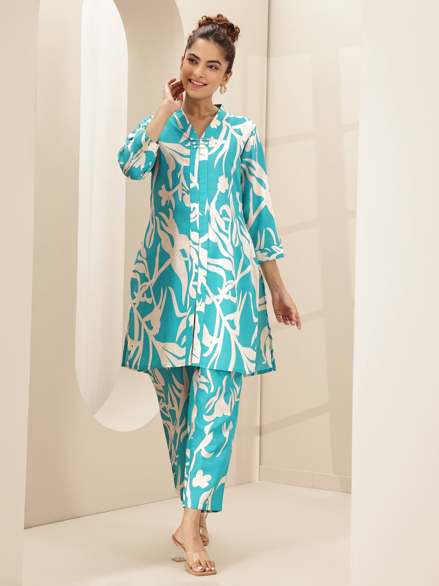 Turquoise Blue Printed Cotton Blend Co-Ord Sets