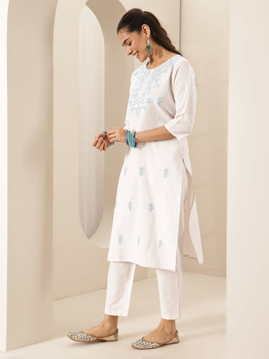White Embroidered Cotton Blend Straight Suit Set With Dupatta