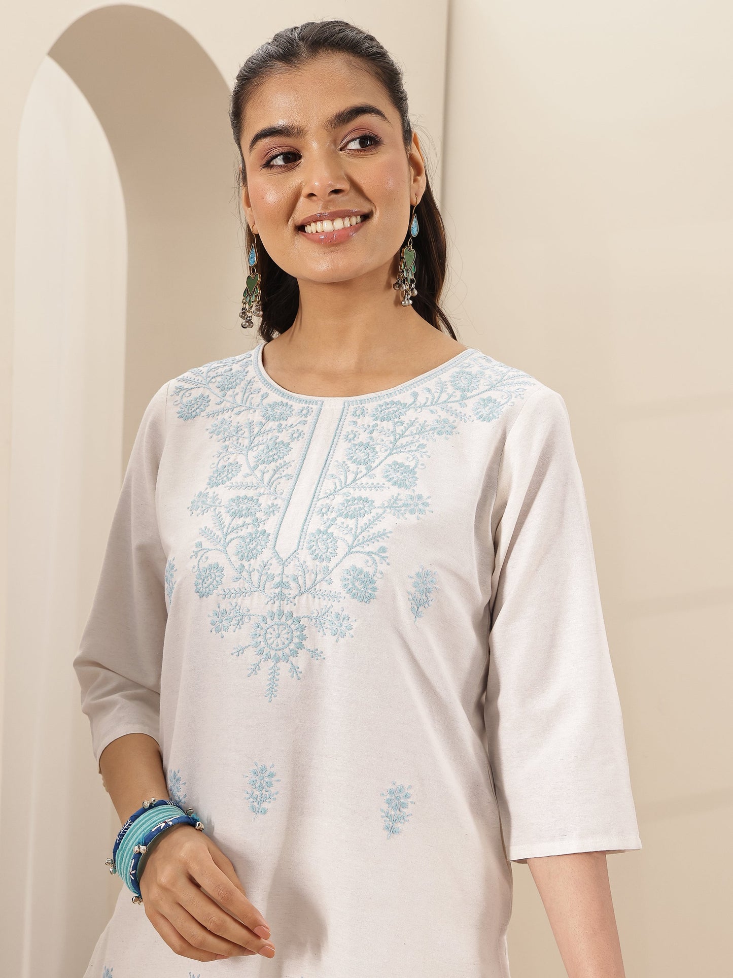 White Embroidered Cotton Blend Straight Suit Set With Dupatta