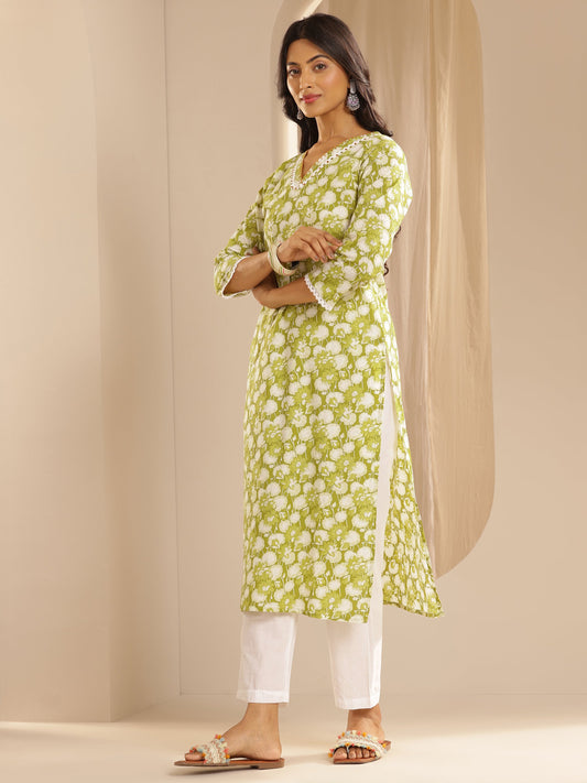 Green Printed Cotton Straight Suit Set With Dupatta