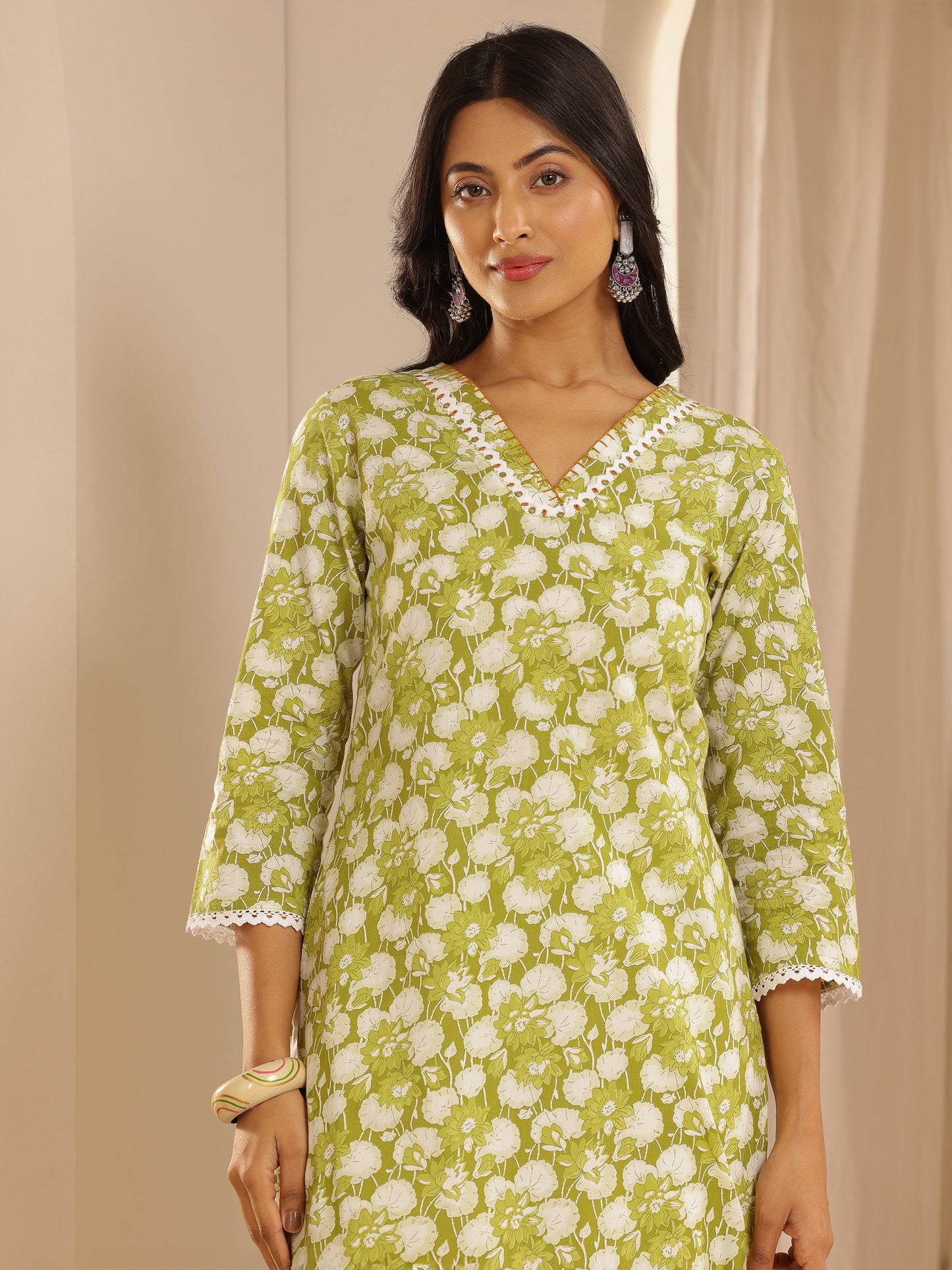 Green Printed Cotton Straight Suit Set With Dupatta
