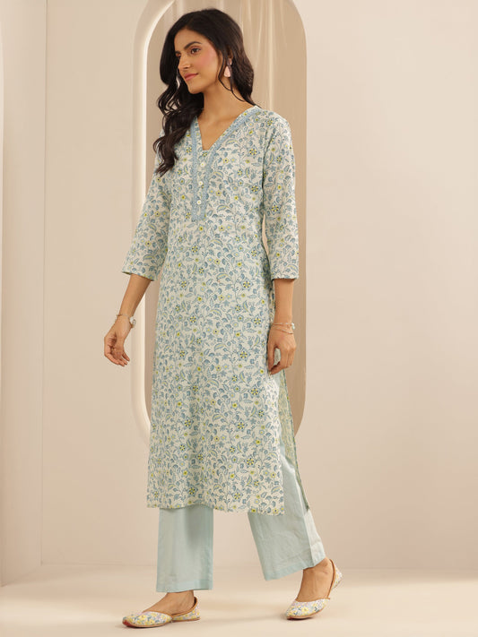 Blue Printed Cotton Straight Suit Set With Dupatta