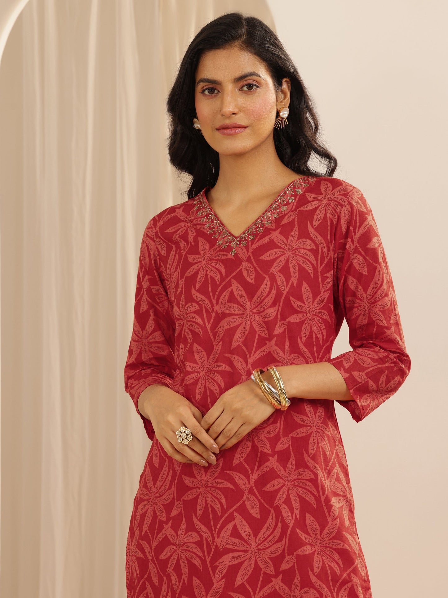 Red Printed Cotton Straight Suit Set With Dupatta