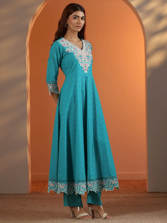 Blue Embroidered Cotton Anarkali Suit Set With Dupatta