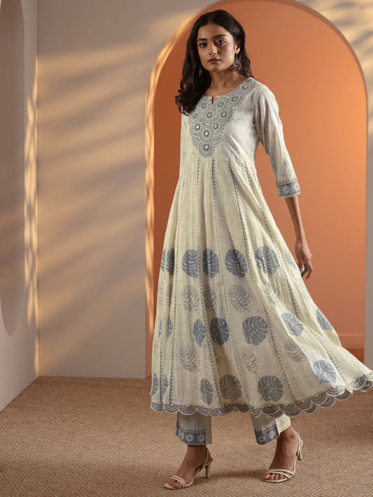 Off White Embroidered Cotton Anarkali Suit Set With Dupatta