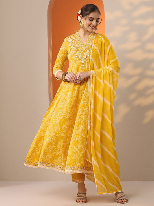 Yellow Embroidered Cotton Anarkali Suit Set With Dupatta