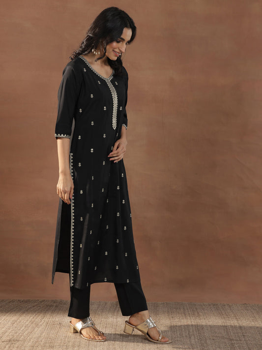 Black Embroidered Silk Blend Straight Suit Set With Dupatta