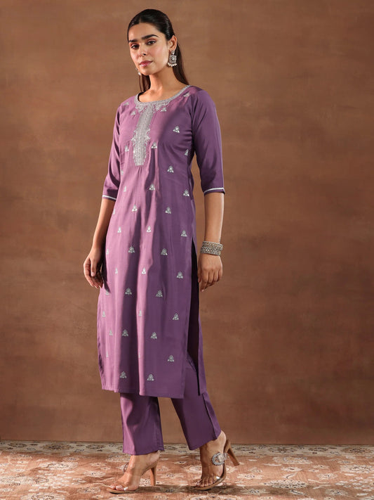 Mauve Embroidered Silk Blend Straight Suit With Dupatta