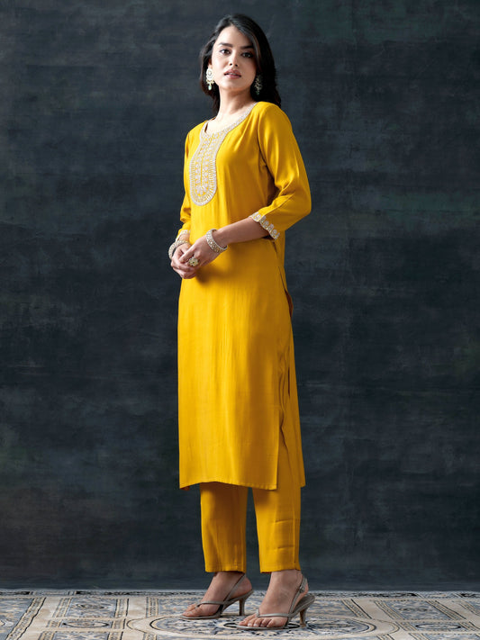 Yellow Yoke Design Silk Blend Straight Suit With Dupatta
