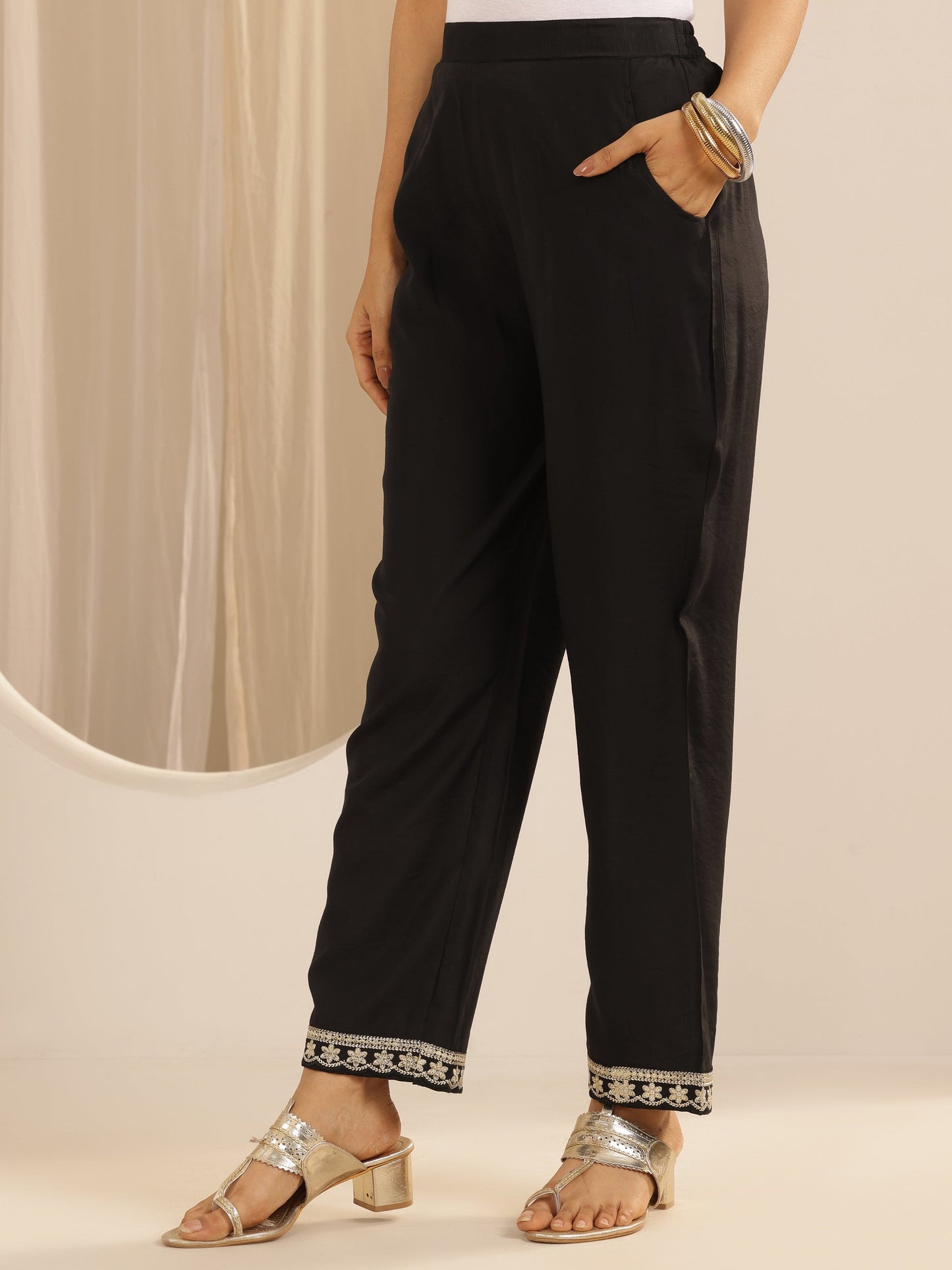 Black Solid Silk blend Straight Suit Set With Dupatta